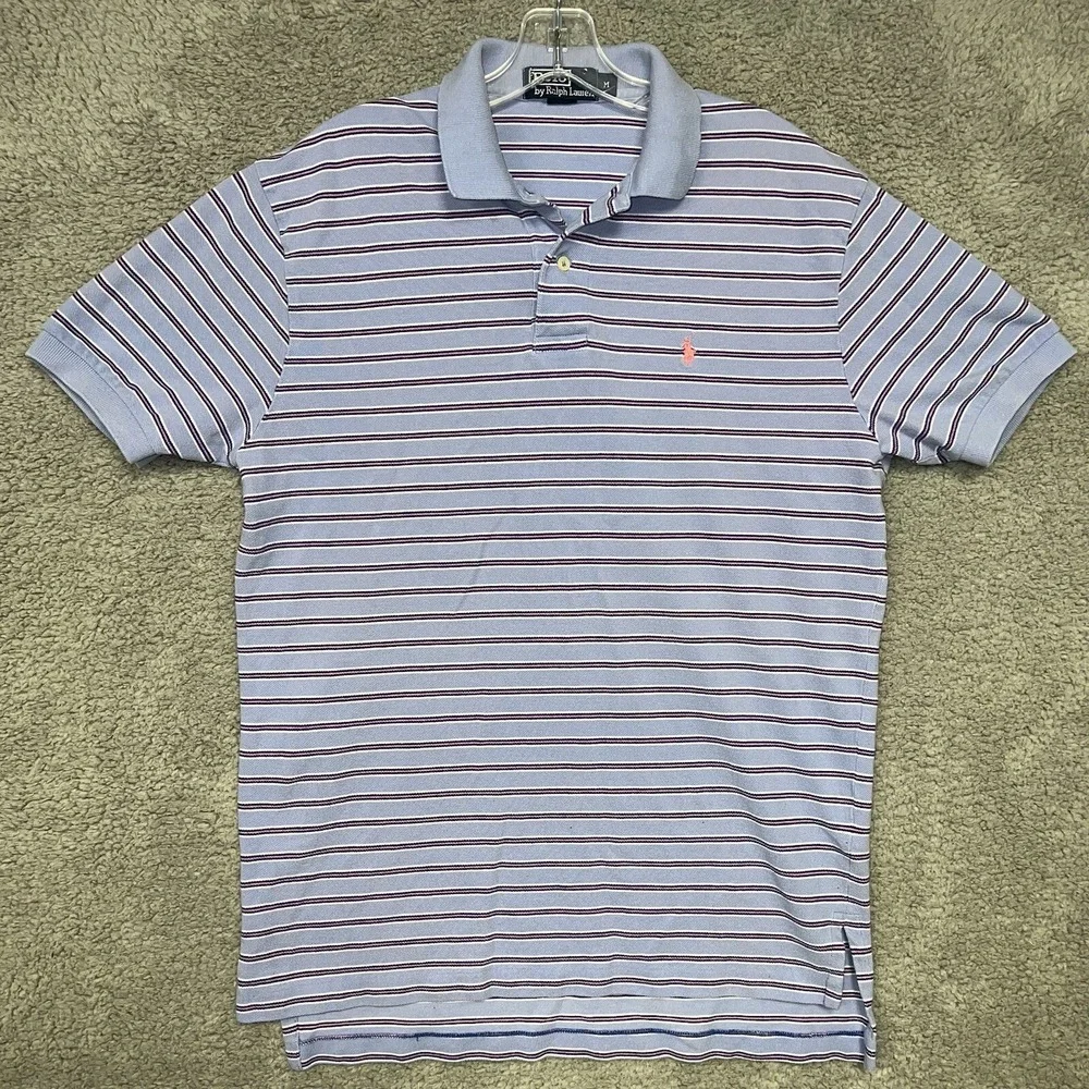 VTG Polo Ralph Lauren Shirt Men's Size M Blue Pink Striped‎ Pink Pony Polo